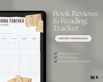 Może przedstawiać: Cyfrowy, drukowany tracker do śledzenia czytania z vintage'owym wzorem książki. Tracker zawiera kolumny na tytuł książki, datę rozpoczęcia, datę zakończenia, całkowity czas spędzony na czytaniu i liczbę stron. Tekst "Book Reviews & Reading Tracker" znajduje się na górze strony.
