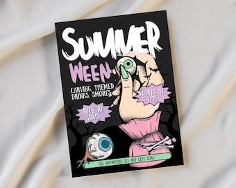 Uitnodiging voor feest Summerween, griezelige zomer Halloween-uitnodiging, digitale download kostuumfeest, bewerkbare canva-sjabloon