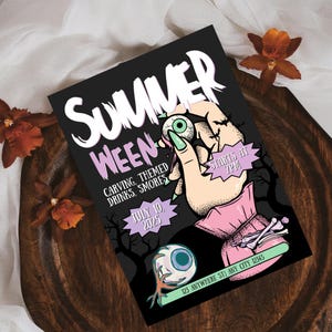 May include: A black and white invitation for a "Summer Ween" party with a spooky eye graphic. The party is on July 10, 2025, and starts at 7 PM. The invitation includes the address 123 Anywhere St, Any City 12345.