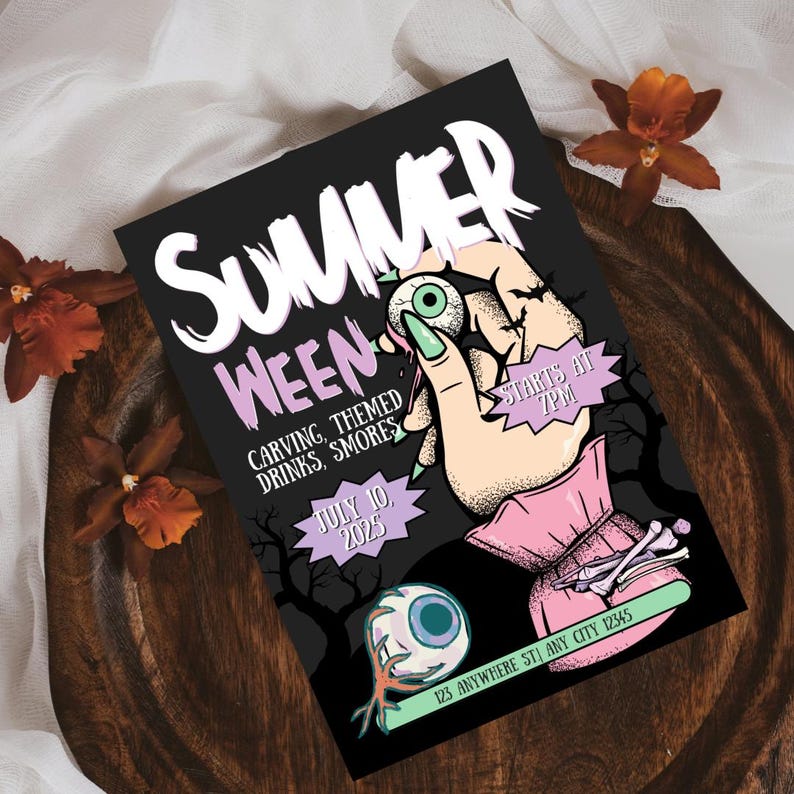 May include: A black and white invitation for a "Summer Ween" party with a spooky eye graphic. The party is on July 10, 2025, and starts at 7 PM. The invitation includes the address 123 Anywhere St, Any City 12345.