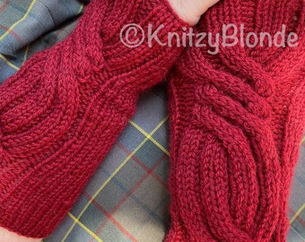 Outlander Claire Gauntlets, Garnet Red Wool Fingerless Mitts, Large