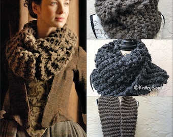 Claire's Cowl Outlander, PDF Knitting Pattern, 2 patterns, Chunky Knit Infinity Scarf Cowl