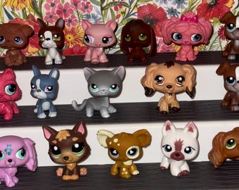 May include: A selection of colourful, stylised pet figurines, including dogs and cats, with large, expressive eyes. The figurines are in various poses and colours, arranged on shelves against a floral backdrop. Each figurine is approximately 5-7 cm tall.