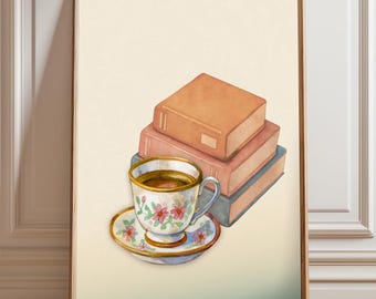Stampa Caffè e Libri / Poster Caffè Carino / Decorazione Angolo Caffè / Arte Caffè Kawaii / Download Digitale del Poster Tè e Libri