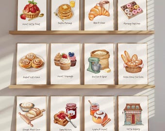Bäckerei Wand Kunst Set von 12, Gebäck Küche Drucke, Zimtrolle Croissant Poster Bundle, Cafe Dekor, Dessert Food Galeriewand, Feinschmecker Geschenk