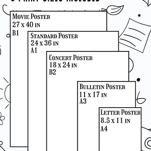 A simple graphic showing five print sizes included with the purchase: Movie Poster (27x40 in), Standard Poster (24x36 in), Concert Poster (18x24 in), Bulletin Poster (11x17 in), and Letter Poster (8.5x11 in).