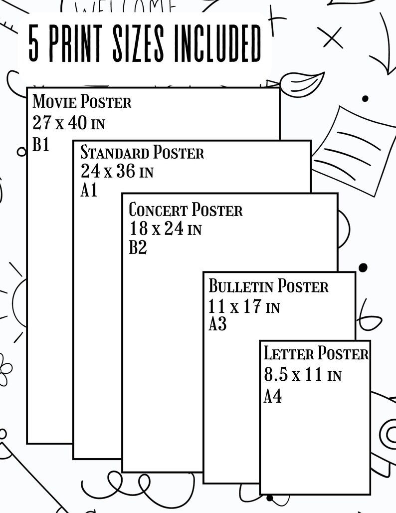 A simple graphic showing five print sizes included with the purchase: Movie Poster (27x40 in), Standard Poster (24x36 in), Concert Poster (18x24 in), Bulletin Poster (11x17 in), and Letter Poster (8.5x11 in).