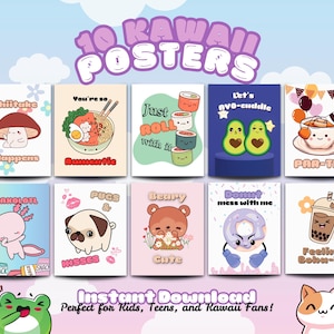Pósteres kawaii para imprimir, lindos dibujos kawaii para pared, divertidos juegos de palabras para niños, pósteres para adolescentes, decoración de pared colorida, lindo póster, decoración de guardería
