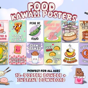 Kawaii Posters Printable Bundle Cute Printable Wall Art for Kids nursery decor Funny Cartoon Art Kawaii Food Posters for Teens Kitchen decor