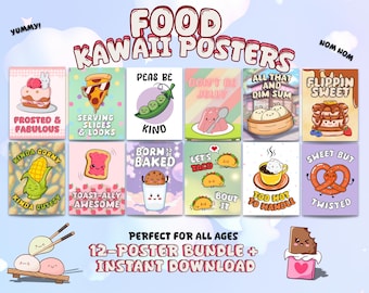 Kawaii Essen Poster Bundle Printable | Lustige Kunst für Kinder, Jugendliche, Küche oder Wohnheim | Niedliches Cartoon-Dekor | Sofortiger Download 12er-Set