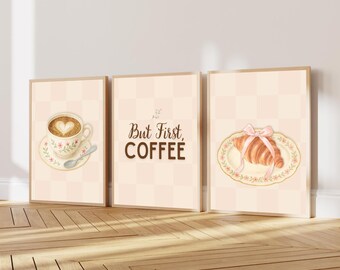 Coffee Poster Set of 3 | But First Coffee Wall Art | Neutral Kitchen Decor Printable | Latte Art Poster | Croissant Print | Coffee Bar Decor