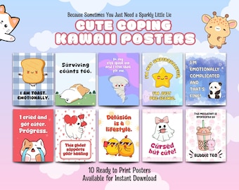 Kawaii Poster Druckbare Zitate Lustige digitale Wandkunst für psychische Gesundheit Wohnheim Dekor emotionale Selbstfürsorge niedlich Pastell Download Bewältigungsposter