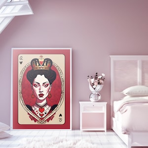 Arte de pared de la Reina de Corazones, estampado de naipes góticos, decoración del hogar en rojo y dorado, idea de regalo de San Valentín, obra de arte de sala de póquer, descarga digital romántica