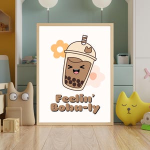 "Smiling boba cup cartoon with text 'Feelin' Boba-ly' displayed in a colorful children's room."