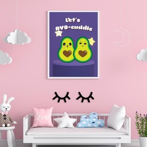 "Avocado couple illustration with text 'Let’s Avo-cuddle' in a pink and white nursery."