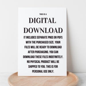 A mockup of a digital download notice on a wooden tray, with text informing customers that the product is a downloadable file, not a physical item.