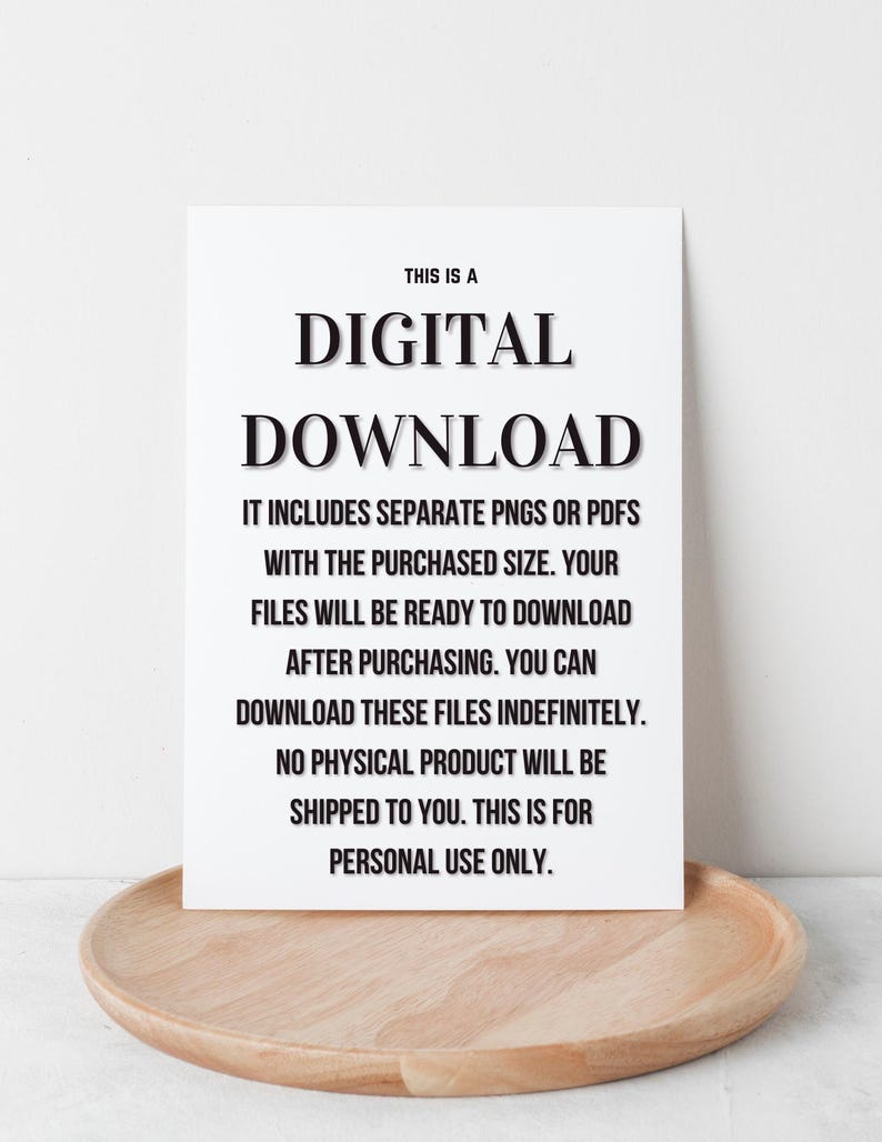 A mockup of a digital download notice on a wooden tray, with text informing customers that the product is a downloadable file, not a physical item.