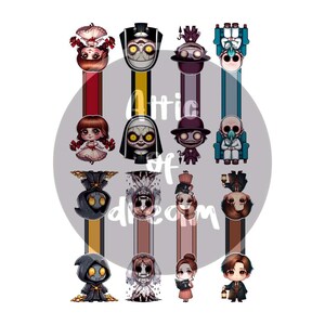 May include: Set of 12 colourful bookmarks featuring various characters from the horror movie "The Shining". Each bookmark is approximately 2.5 inches tall and features a different character from the film, including Jack Torrance, Wendy Torrance, Danny Torrance, and the Grady twins.