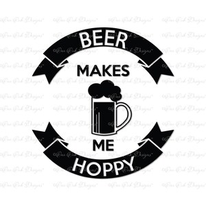 以下が含まれることがあります： ビールジョッキと「Beer Makes Me Hoppy」というテキストが書かれた白黒のグラフィックデザインです。