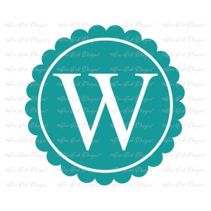 May include: Teal blue circle with a scalloped edge and a white letter W in the center. The circle has a white outline.