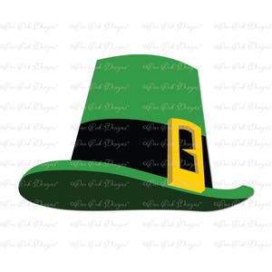 May include: A green leprechaun hat with a black band and a gold buckle. The hat has a curved brim and a tall, pointed crown. The design is a vector graphic, perfect for St. Patrick's Day.