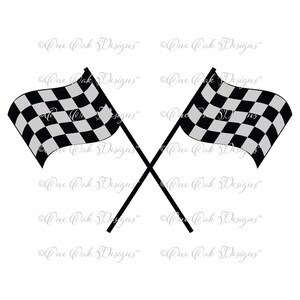 May include: Two black and white checkered racing flags crossed over each other. The flags are waving in the wind.