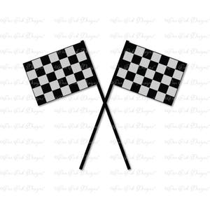 May include: Two black and white checkered flags crossed over each other. The flags are on black sticks.