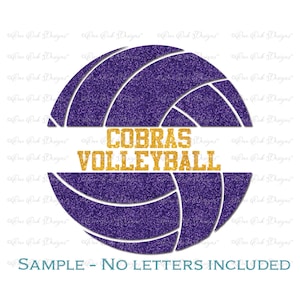 May include: Purple and gold glitter volleyball with the text "COBRAS VOLLEYBALL" across the middle.