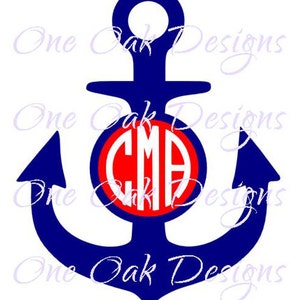 May include: A navy blue anchor design with a red circle in the center, containing the white letters "CMA". The anchor has a classic shape, with a ring at the top and flukes on either side. The words "One Oak Designs" are written in a cursive font.