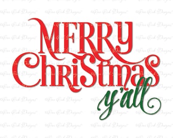Könnte beinhalten: Rote und grüne Textgrafik mit der Aufschrift "Merry Christmas y'all".