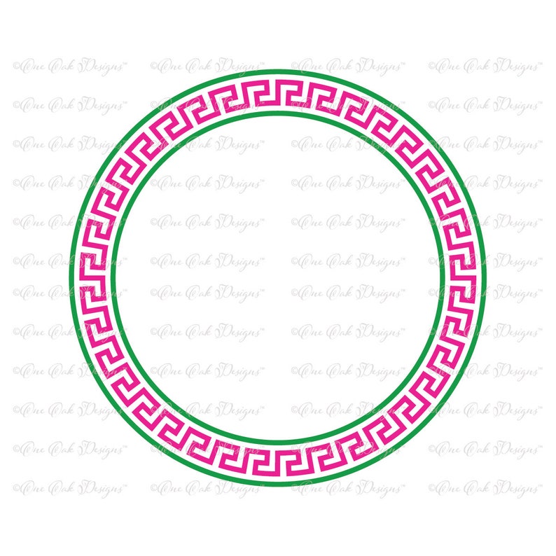 Puede incluir: Un marco circular con un borde exterior verde y un borde interior rosa. El borde est&aacute; decorado con un patr&oacute;n de clave griega.