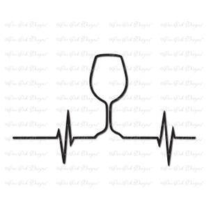 May include: Black and white line art design of a wine glass with a heartbeat line running through the base of the glass.