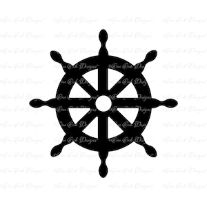 May include: Black and white silhouette of a ship's wheel with eight spokes.
