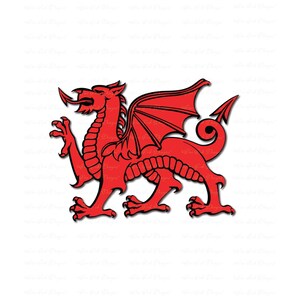 May include: A red dragon with wings outstretched, a traditional symbol of Wales.