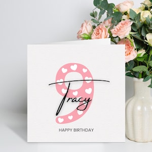 Carte personnalisée 9e anniversaire pour fille, carte 9e anniversaire fille, jolie carte rose neuvième anniversaire, cadeau 9e anniversaire, nièce, petite-fille