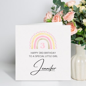 Tarjeta de tercer cumpleaños personalizada para niña, regalo de tercer cumpleaños con arcoíris para niña, tarjeta de tercer cumpleaños para hija, regalo de tercer cumpleaños, sobrina