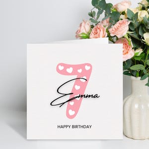 Personalisierte 7. Geburtstagskarte für Mädchen, Tochter 7.Geburtstagskarte, niedliche rosa siebte Geburtstagskarte, 7. Geburtstagsgeschenk Nichte, Enkelin