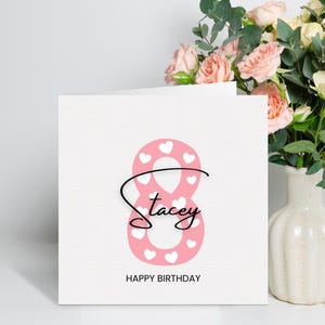 Tarjeta de octavo cumpleaños personalizada para niña, tarjeta de octavo cumpleaños para hija, linda tarjeta de octavo cumpleaños rosa, regalo de octavo cumpleaños, sobrina, nieta