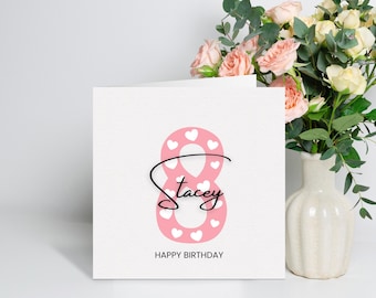 Carte personnalisée 8e anniversaire pour fille, carte 8e anniversaire fille, jolie carte rose huitième anniversaire, cadeau 8e anniversaire, nièce, petite-fille