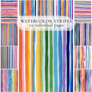 Puede incluir: Una colección de diseños de rayas de acuarela en varias paletas de colores. La imagen presenta rayas verticales en tonos de azul, verde, naranja y morado. El texto "WATERCOLOR STRIPES 112 individual pages" se muestra en el centro.