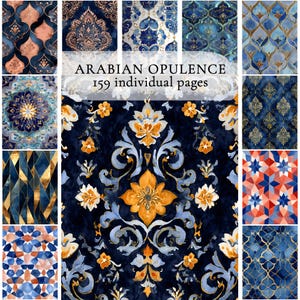 Puede incluir: Una colección de papeles digitales con diseños ornamentados al estilo acuarela en tonos azul, dorado, naranja y coral. El texto "ARABIAN OPULENCE 159 individual pages" se muestra. Los patrones incluyen motivos florales, geométricos y damasquinados.