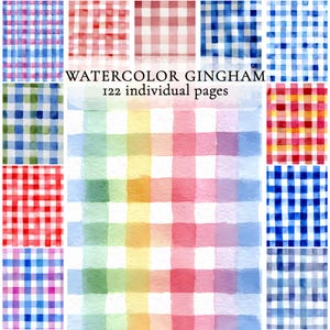 May include: A collection of watercolor gingham patterns in various colors, including red, blue, green, and a rainbow gradient. The text "WATERCOLOR GINGHAM 122 individual pages" is displayed across the image.