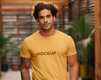 Mens T-shirt Mockup Mustard Shirt Design Male Model Mockup Men's Shirt Template Rugged Male Mock Up Clipart SVG Print On Demand Mocks