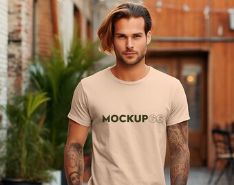 Beige Tshirt Mock Neutral Boho Clothing Mockups Product Display Male Model Mockup Men's Shirt POD Mock Tee Mockup Your Design Here Mock Up