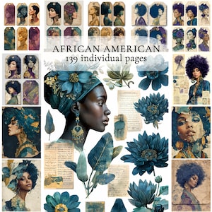 African American Junk Journal Pages, Vintage Black Woman Ephemera, Indigo Floral Collage Art Printables