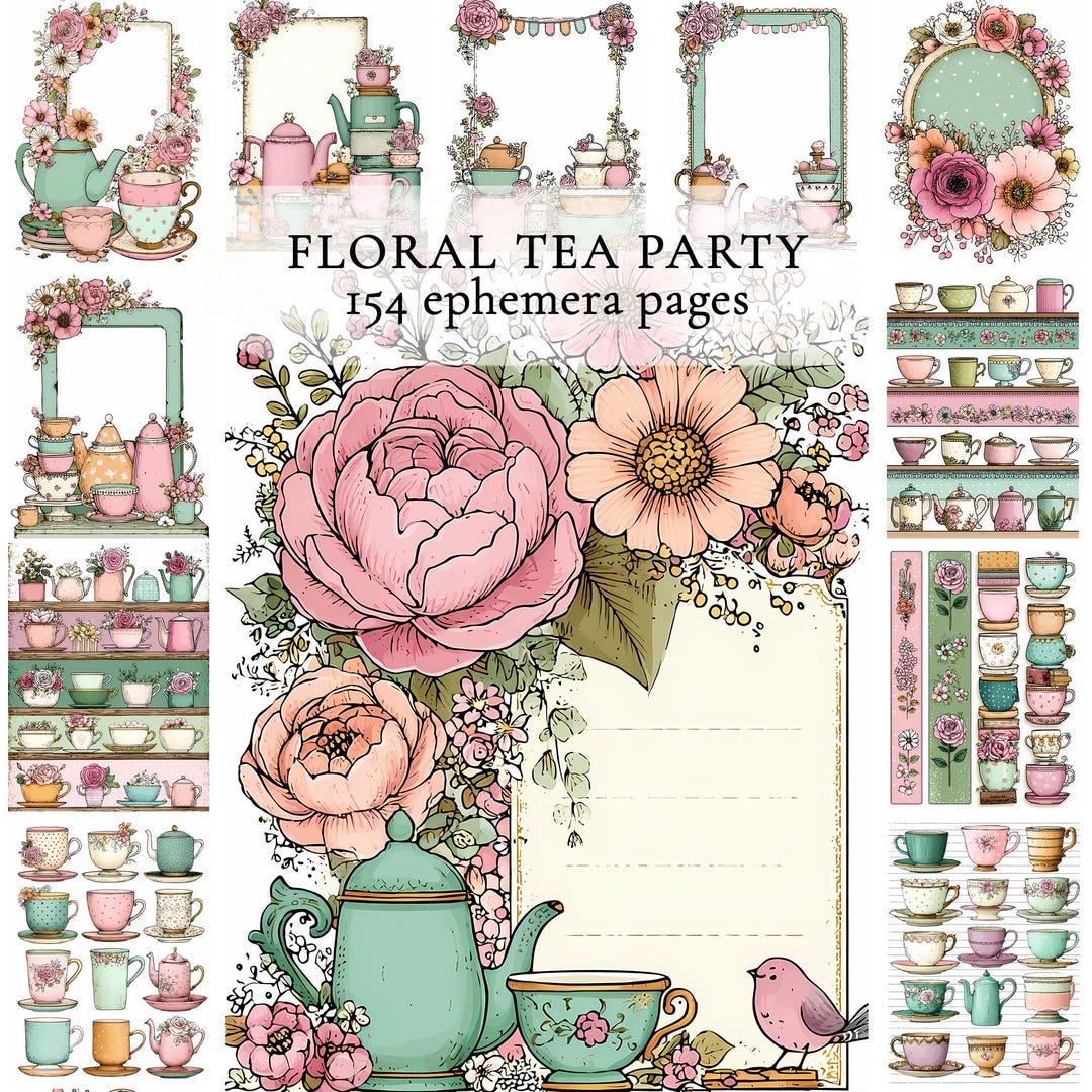 Floral Tea Party Junk Journal Pages, Quirky, Whimsical Teapot Ephemera ...
