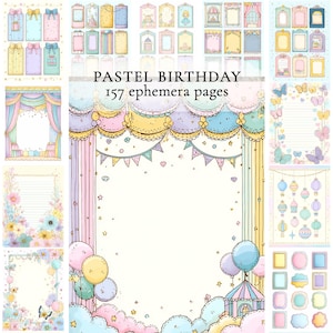Pode incluir: Uma coleção de páginas de efemérides digitais em tons pastel com tema de aniversário. A imagem apresenta vários designs, incluindo caixas de presente, molduras, cortinas, balões e elementos florais. O texto diz "PASTEL BIRTHDAY 157 ephemera pages."