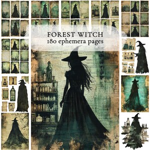 May include: A collage of vintage-style ephemera pages with a forest witch theme. The central image features a silhouette of a witch in a long dress and hat. The text "FOREST WITCH 180 ephemera pages" is displayed.