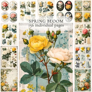 Peut inclure: Une collection d'illustrations et de motifs floraux, mettant en vedette des roses et d'autres fleurs dans divers arrangements. L'image comprend le texte "SPRING BLOOM 156 individual pages". La palette de couleurs comprend le jaune, le blanc, le rose et le vert.