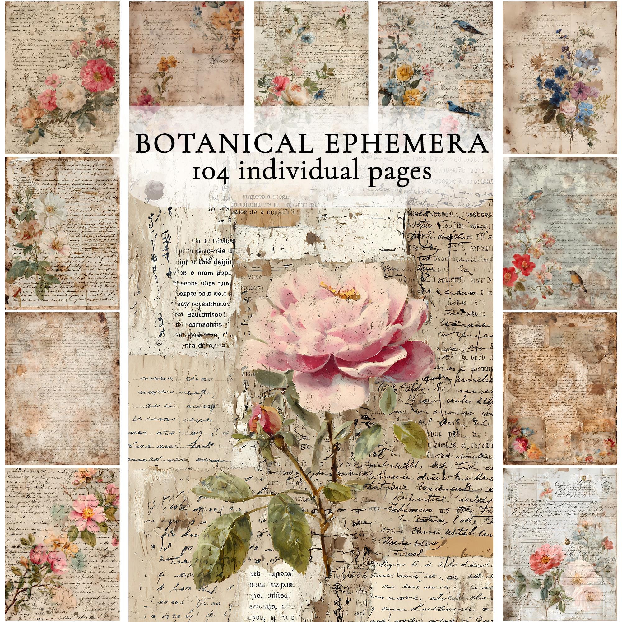 Empherma Script Paper Vintage Junk Journal Pages, Floral Ephemera Kit, Antique Script Digital ...